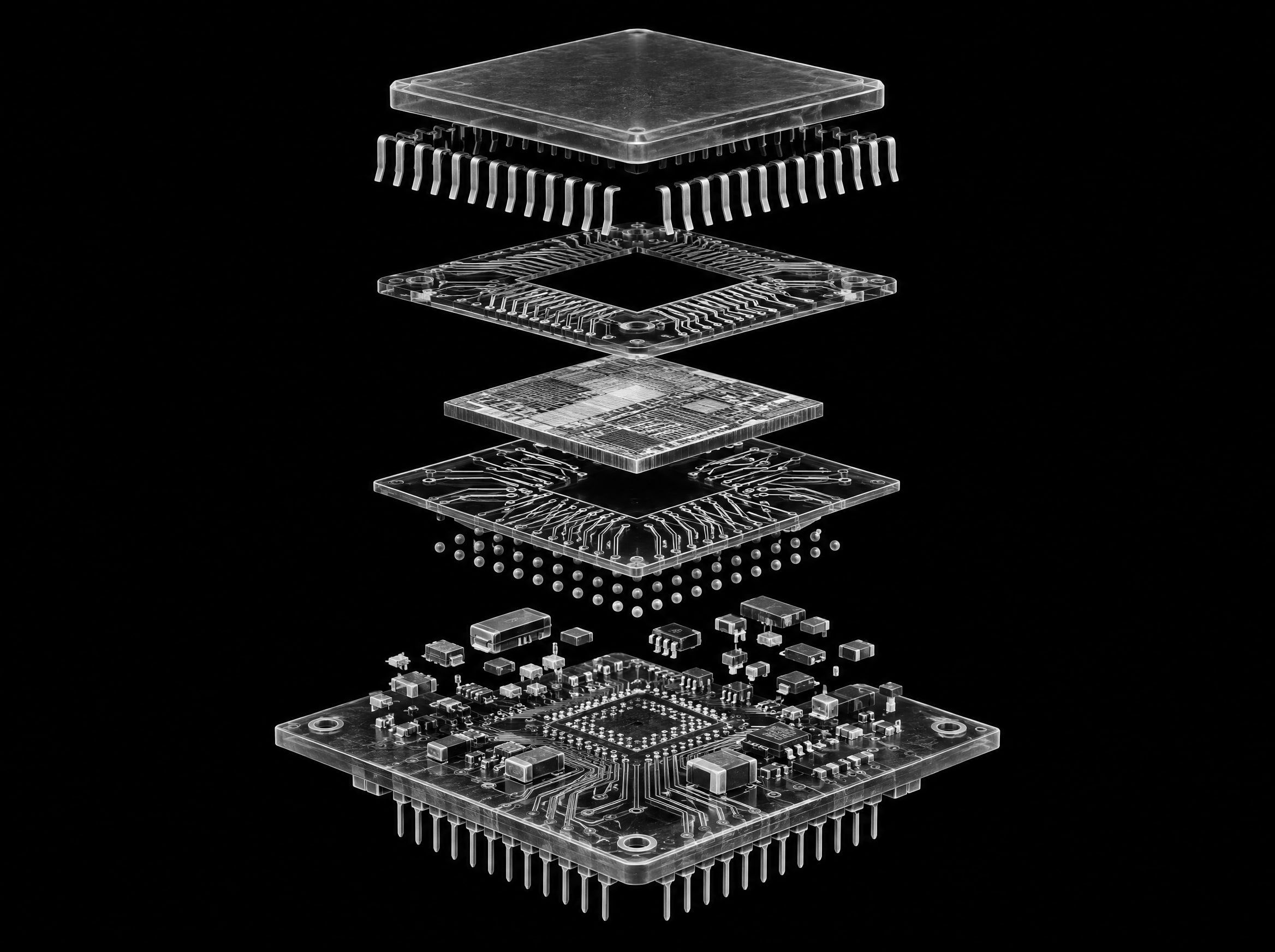 Exploded X-ray view of a circuit board and microchip